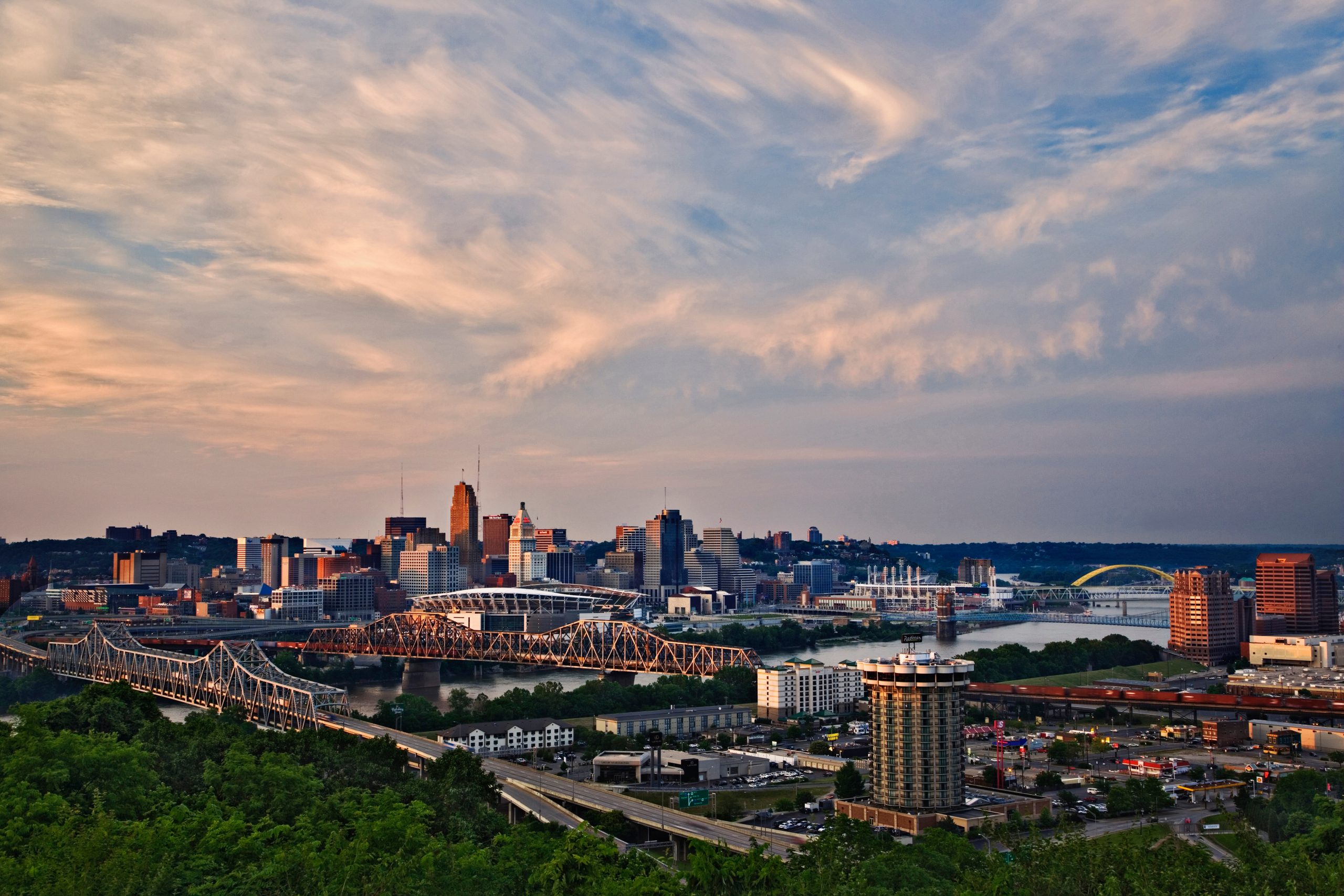 Cincinnati, Ohio and Covington, Kentucky at sunset, from Devou Park, Covington, Kentucky